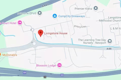 A Google Map showing the pinpoint location of Livingstone House / Map Google yn dangos lleoliad pinbwyntio Livingstone House.
